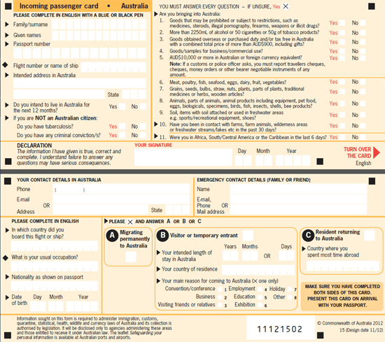 incoming card español australia fotografía del formulario para entrar a Australia